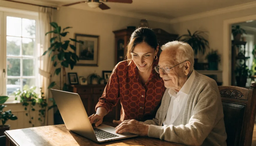 Vrouw helpt haar vader achter de laptop