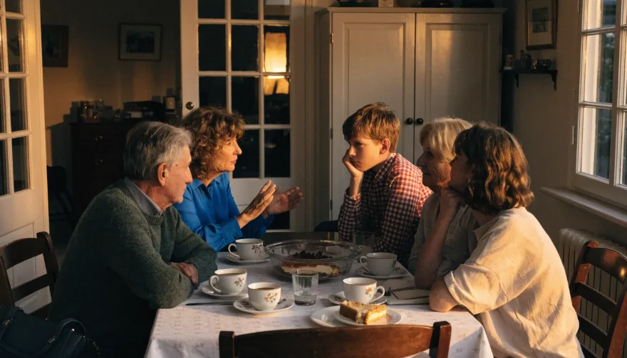 Familie van drie generaties in gesprek aan de eettafel