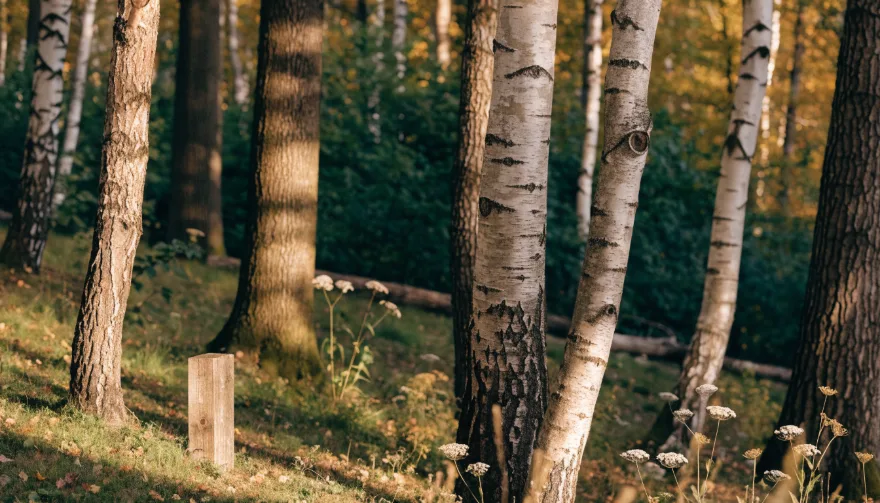 Natuurbegraafplaats in herfstlicht met eenvoudige houten markering
